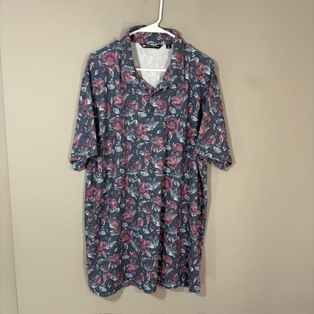 TravisMathew Polo Shirt Mens 2XL Blue Floral Golf Performance Stretch Jersey Top